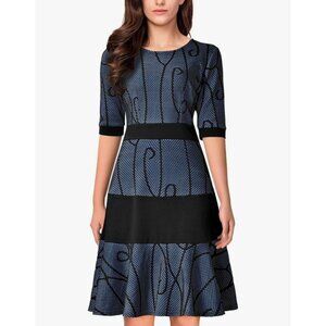 Noctflos Womens Half Sleeve A-Line Dress Blue Black Mesh Knee Length size Small